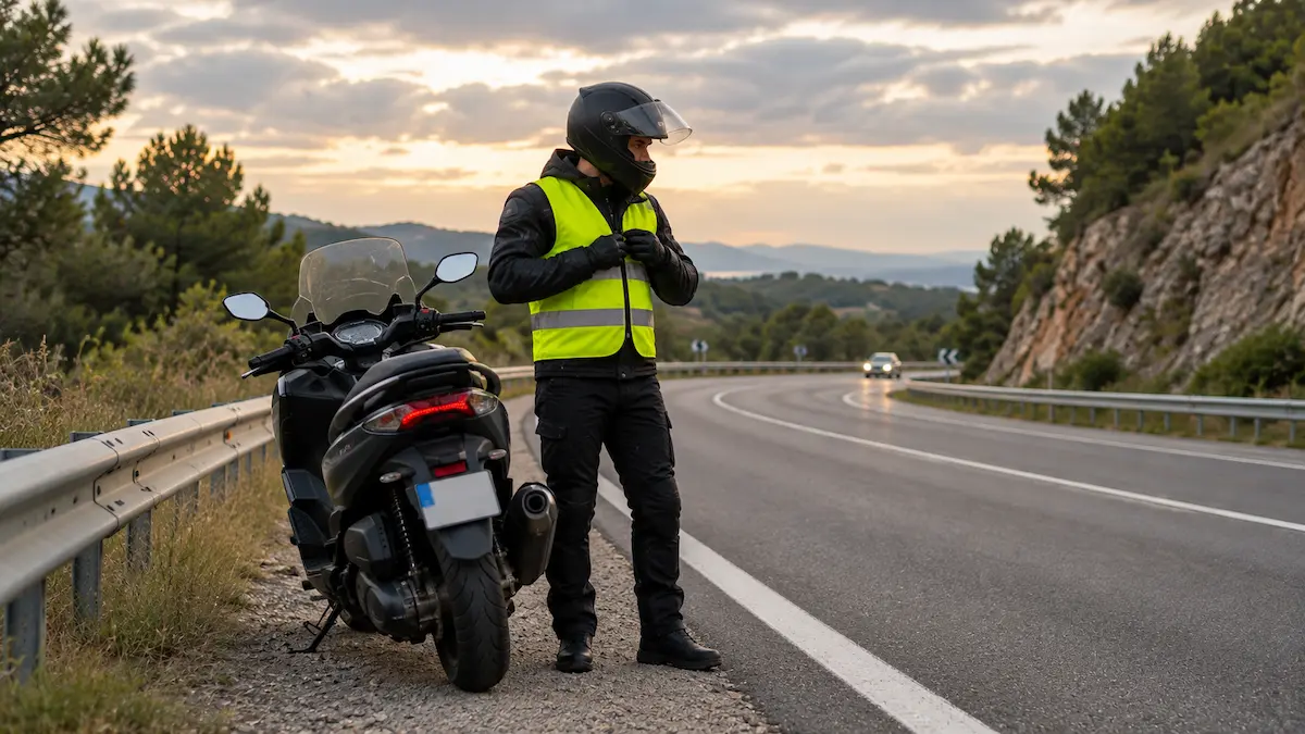 Motociclista junto a la carretera al atardecer